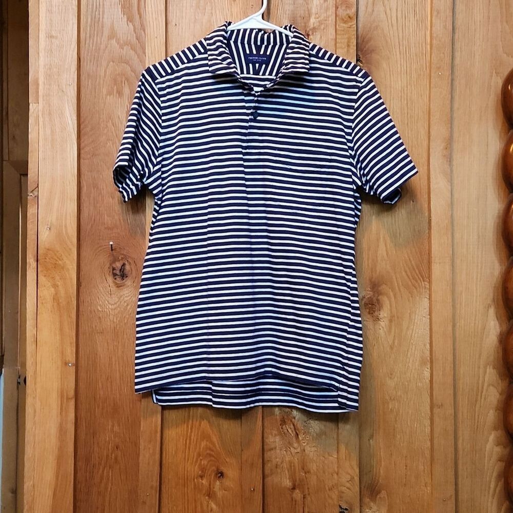 Proper Cloth Short Sleeve Polo Custom Made Shirt, Medium, Blue & White Stripes